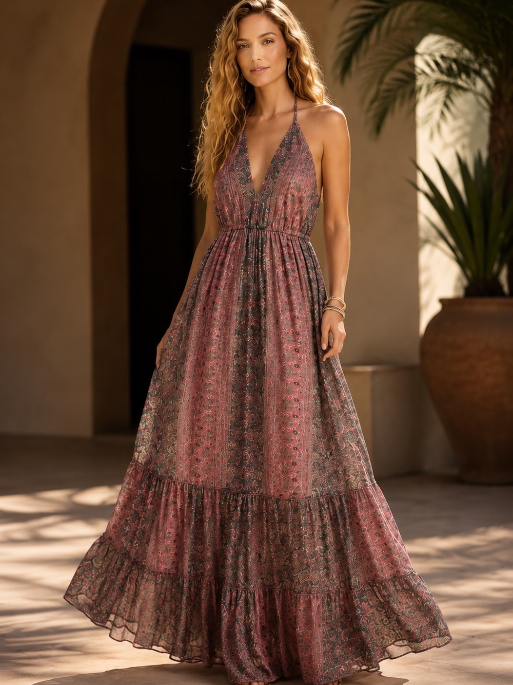 Boho Silk Halter Maxi Dress Pink Paisley Resort Cottagecore XS to L Free Size